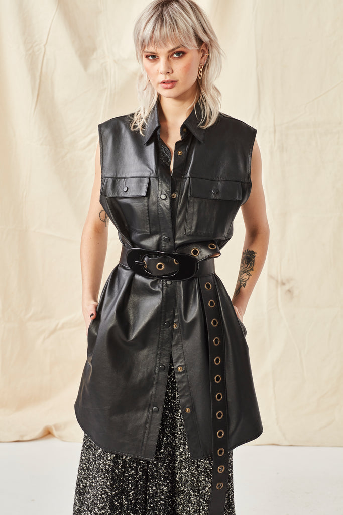 CLÉMENCE LEATHER SHIRTDRESS - BLACK